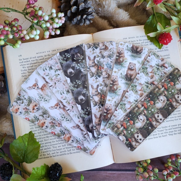 COTTAGECORE WOODLAND ANIMALS Bookmark Collection 3 | Hedgehog, Squirrel, Owl, Fox Double-Sided Laminated Bookmarks with Optional Tassel