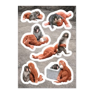 May include: A sticker sheet featuring multiple stickers of a plush orangutan hugging a gray monkey. The orangutans are brown, and the monkeys are gray. The stickers are on a gray, textured background.