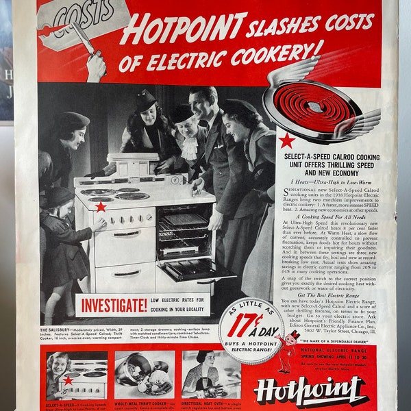 1938 Film Noir Style Hotpoint Electric Stove Ranges Advertisement Large Uncut Full Page Ad 14” x 11”
