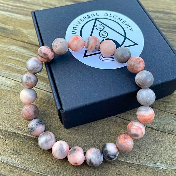 Alignement du chakra du cœur | Bracelet en cristal de jaspe de zèbre rose | Guérison émotionnelle | Stabilité | Relations | Bienveillance | Amour | Joie |