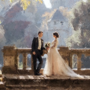 Gepersonaliseerde digitale bruiloft portret, illustratie echtgenoten in opdracht, tekening liefde relatie, viering digitale foto