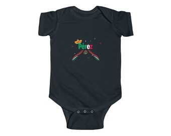 Baby Perez Mexican | Spanish Name with Mexico Flag Infant Fine Jersey Bodysuit