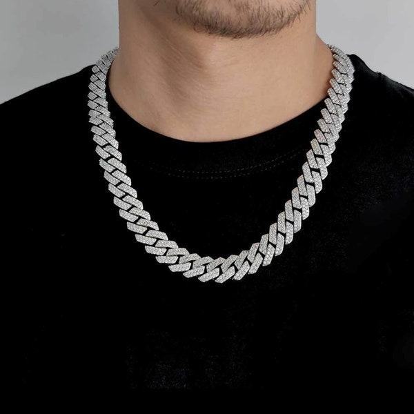 Luxus Iced Out  Messing Schmuck Diamant 15mm kubanische Gliederkette Halskette 18 Karat Gold - Silber