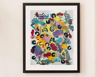 Original Abstract Painting 11x14 – Playful Colorful Gouache & Watercolor Art in Turquoise, Navy, Yellow, and Red