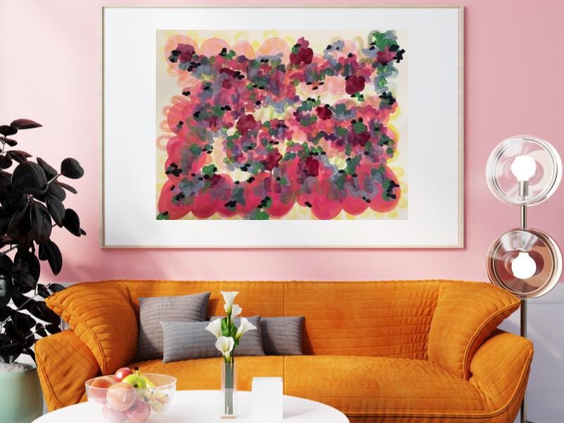 Original Bright Abstract Painting 11x14 – Hand-Painted Pink Wall Art with Yellow and Turquoise Accents, Gouache & Watercolor on Paper