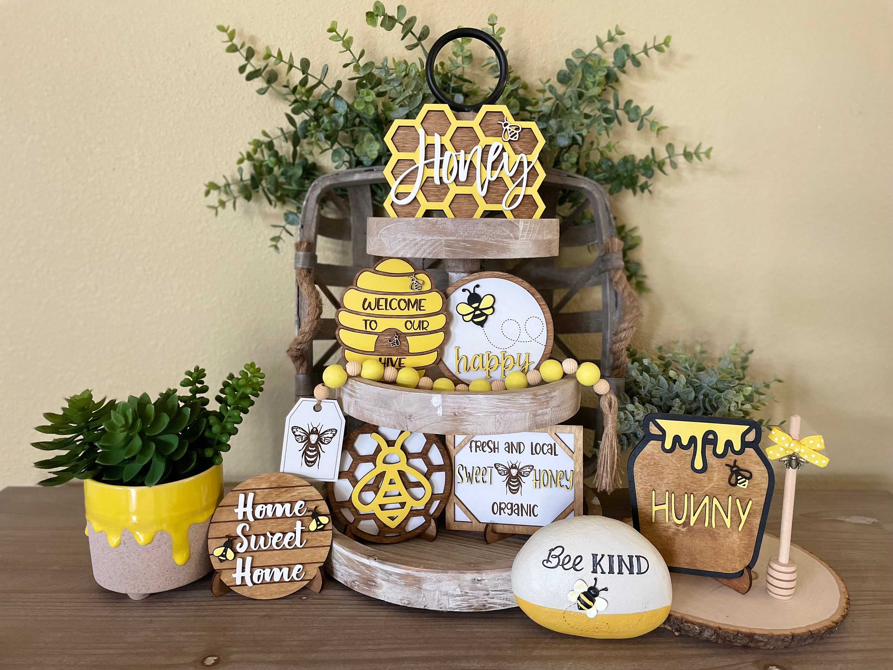 Bee Decorations, Spring Farmhouse Honey bee Tiered Tray Decor,Bumble Bee  Gnome Plush,3X Bee Sign, Mini Bee Hive, Wood Bead Garland,Rustic Farmhouse