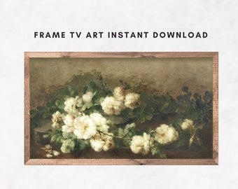 Samsung Frame TV Art, Spring White Rose Bouquet, Vintage Oil Painting,  McGee, FrameTV, Rustic Floral Illustration, Instant Digital Download