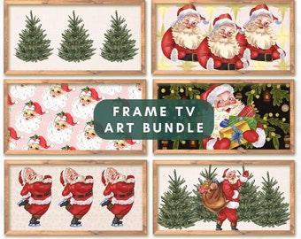 May include: A set of six digital printable images featuring vintage illustrations of Santa Claus. The images include Santa Claus with a sack of gifts, Santa Claus ice skating, Santa Claus with presents, Santa Claus with a Christmas tree, a pattern of Santa Claus faces, and a pattern of Christmas trees.