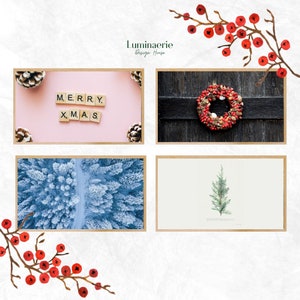 May include: Four framed images with a winter theme. The top left image shows the word "MERRY" and "XMAS" spelled out with letter tiles on a pink background. The top right image shows a red and brown wreath on a dark wood background. The bottom left image shows an aerial view of a snowy forest. The bottom right image shows a green evergreen tree on a white background.