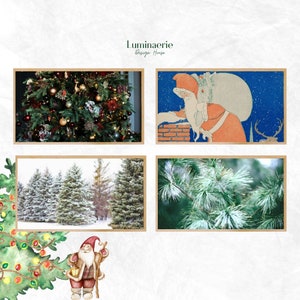 May include: A collage of four images featuring Christmas themes. The top left image shows a decorated Christmas tree with ornaments and lights. The top right image shows a vintage illustration of Santa Claus climbing down a chimney. The bottom left image shows a snowy forest with pine trees. The bottom right image shows a close-up of pine branches with snow on them.