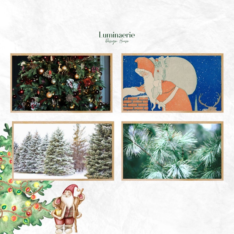 May include: A collage of four images featuring Christmas themes. The top left image shows a decorated Christmas tree with ornaments and lights. The top right image shows a vintage illustration of Santa Claus climbing down a chimney. The bottom left image shows a snowy forest with pine trees. The bottom right image shows a close-up of pine branches with snow on them.