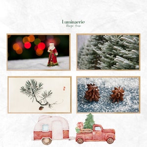 May include: A collage of four images with a winter theme. The top left image shows a red and white Santa figurine standing in the snow with a blurry background of red and white Christmas lights. The top right image shows a close-up of a green pine tree with snow on the branches. The bottom left image shows a black and white illustration of a pine branch with a white background. The bottom right image shows two brown star anise pods on a blue surface with white snow.