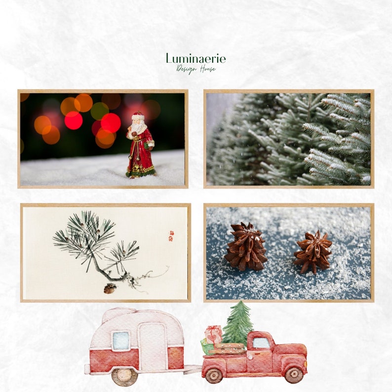 May include: A collage of four images with a winter theme. The top left image shows a red and white Santa figurine standing in the snow with a blurry background of red and white Christmas lights. The top right image shows a close-up of a green pine tree with snow on the branches. The bottom left image shows a black and white illustration of a pine branch with a white background. The bottom right image shows two brown star anise pods on a blue surface with white snow.