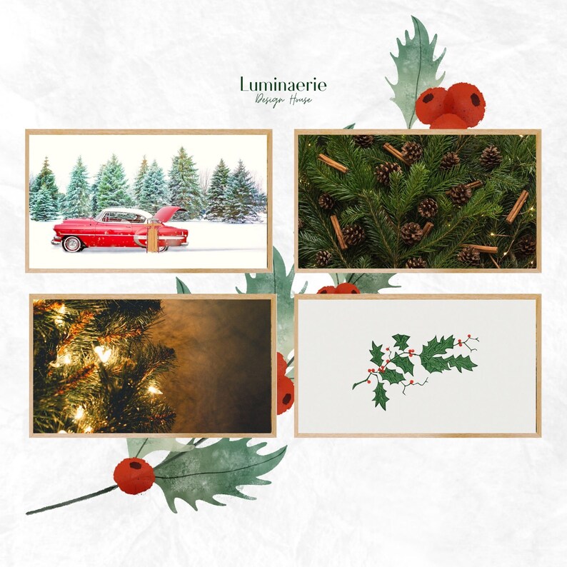 May include: A set of four framed prints featuring winter holiday themes. The prints include a red car in a snowy forest, a close-up of a Christmas tree with lights, a green pine branch with pine cones and cinnamon sticks, and a sprig of holly with red berries.