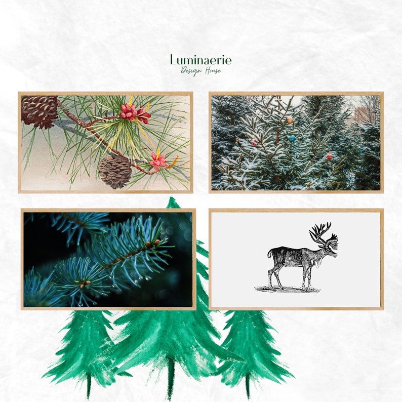 May include: Four framed images of pine trees and a reindeer. The top left image shows a close-up of pine branches with pine cones and red berries. The top right image shows a snowy pine forest with blue and red ornaments. The bottom left image shows a close-up of pine branches with green needles. The bottom right image shows a black and white illustration of a reindeer.