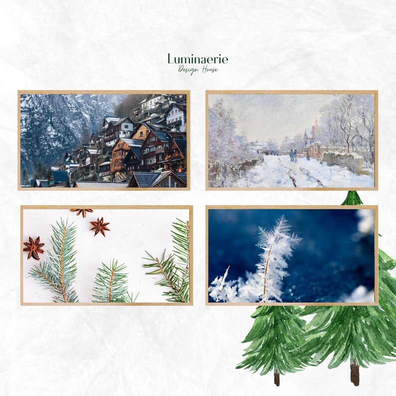 May include: Four framed winter-themed images with a watercolor painting of a snowy village, a snowy landscape with people walking, a close-up of a frosted branch, and a white background with pine branches and star anise. The frames are brown wood.