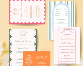 Gartenparty-Hochzeitseinladungs-Paket, helle Farbe lädt ein, Muschel-Bordüre, wunderliches Schleifen-Band-Detail, sofortige Canva-Vorlage