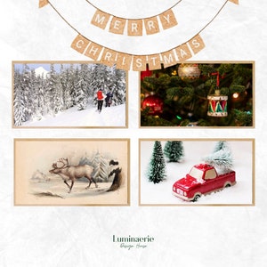 May include: Four framed images with a Christmas theme. The top image shows a snowy forest with people walking through it. The second image shows a close-up of a Christmas tree with ornaments. The third image shows a vintage illustration of a reindeer in a snowy forest. The fourth image shows a red toy truck with a small Christmas tree in the bed, driving through a snowy scene.