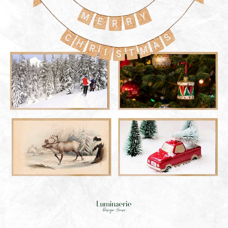 May include: Four framed images with a Christmas theme. The top image shows a snowy forest with people walking through it. The second image shows a close-up of a Christmas tree with ornaments. The third image shows a vintage illustration of a reindeer in a snowy forest. The fourth image shows a red toy truck with a small Christmas tree in the bed, driving through a snowy scene.