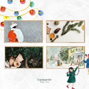 May include: A collage of five images with a winter holiday theme. The top left image shows a woman in a red and white winter coat with a white hat. The top right image shows a pine branch, pine cones, and a cinnamon stick on a brown surface. The bottom left image shows a pile of wood and a pine branch with pine cones. The bottom right image shows a winter scene with a house and children playing in the snow. The bottom center image shows a woman in a green and white dress holding a string of lights.