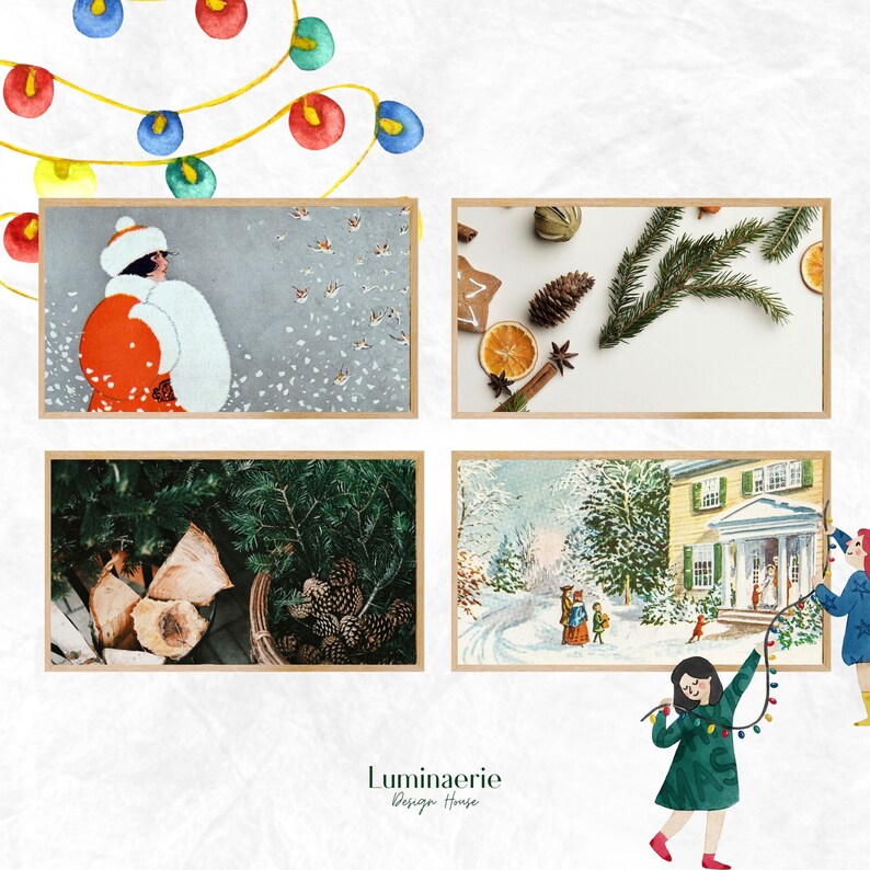 May include: A collage of five images with a winter holiday theme. The top left image shows a woman in a red and white winter coat with a white hat. The top right image shows a pine branch, pine cones, and a cinnamon stick on a brown surface. The bottom left image shows a pile of wood and a pine branch with pine cones. The bottom right image shows a winter scene with a house and children playing in the snow. The bottom center image shows a woman in a green and white dress holding a string of lights.