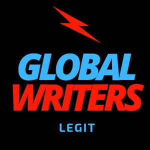 May include: A red and blue logo with the text "GLOBAL WRITERS" in bold, blue letters and "LEGIT" in smaller, white letters.