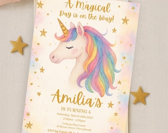 Pode incluir: Um convite caprichoso com uma ilustração de unicórnio. O texto diz "A Magical Day is on the Way!" e "Amilia's is Turning 4". O design apresenta um esquema de cores pastel com estrelas douradas.