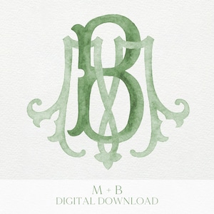 May include: Watercolor monogram design featuring the intertwined letters "M" and "B" in shades of green. The elegant, decorative letters have ornate flourishes. The text "M + B DIGITAL DOWNLOAD" is below the monogram.