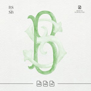 May include: A digital download featuring a watercolor monogram of the letters B and S intertwined in shades of green. The design includes the text BS SB at the top left and file format icons for JPEG, PNG, and PDF at the bottom center.