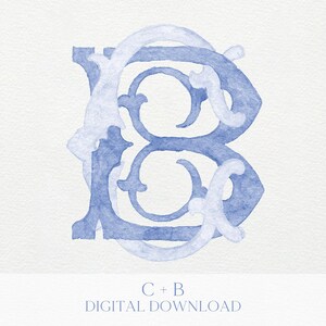 Könnte beinhalten: Aquarell-Monogramm mit den verschlungenen Buchstaben "C" und "B" in Blautönen. Das Design hat einen verzierten Vintage-Stil mit dekorativen Schnörkeln. Der Text "C + B DIGITAL DOWNLOAD" steht unten.