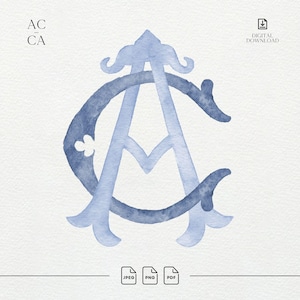 Puede incluir: Una descarga digital que presenta un monograma en acuarela de las letras A y C en tonos azules. El diseño muestra una letra A azul claro entrelazada con una letra C azul oscuro, sobre un fondo blanco texturizado con iconos de archivos.