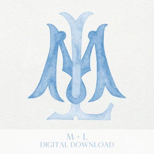 May include: A light blue watercolor monogram featuring the intertwined letters "M" and "L" on a white background. The design has a classic, elegant style. The text "M + L DIGITAL DOWNLOAD" is at the bottom.