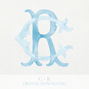 May include: A light blue watercolor monogram featuring the intertwined letters "C" and "R". The design has a soft, artistic appearance with decorative flourishes. The text "C + R DIGITAL DOWNLOAD" is at the bottom.