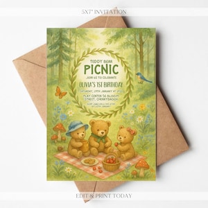 Convite de aniversário de urso verde editável - Convite digital de piquenique de urso de pelúcia - Convite de aniversário personalizado - Personalizado