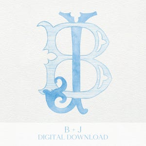 May include: Light blue watercolor monogram featuring the letters B and J intertwined. The design has an elegant, vintage style with decorative flourishes and subtle shading. The text "B + J DIGITAL DOWNLOAD" is at the bottom.