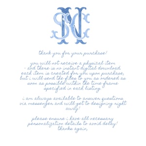 May include: A watercolor-style monogram in shades of blue, featuring the intertwined letters 'SNM'. The image includes handwritten text that reads, "thank you for your purchase!" and other details about the product.