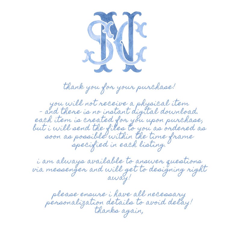May include: A watercolor-style monogram in shades of blue, featuring the intertwined letters 'SNM'. The image includes handwritten text that reads, "thank you for your purchase!" and other details about the product.