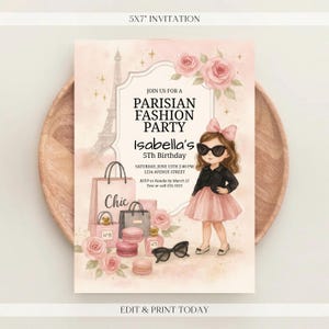 Invitación de cumpleaños editable de París - Invitación digital de cumpleaños para fiesta de moda parisina - Invitación de cumpleaños personalizada - Envío personalizado