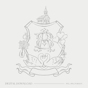 Op de afbeelding: Een grijze lijntekening met een wapen met een kerk, verweven initialen, trouwringen, bloemen en hartvormige ballonnen. Twee zwanen staan tegenover elkaar onder een spandoek. De tekst "DIGITALE DOWNLOAD" staat onderaan.