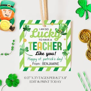 I Am So Lucky To Have a Teacher Like You Gift Tag,  St Patricks Day Appreciation Thank You Tags, Shamrock Treat Bag Tags Favors Printable