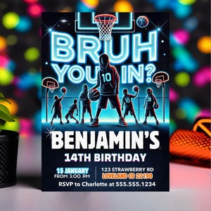 Festa de grafite neon, convite de aniversário do bruh, convite de aniversário do bruh you in?, cartão de aniversário para impressão, modelo editável do canva,