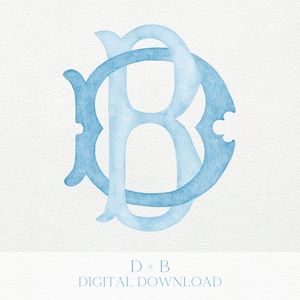 Könnte beinhalten: Ein Monogramm im Aquarellstil mit den ineinander verschlungenen Buchstaben "D" und "B" in hellblauen Farbtönen. Das Design hat eine klassische, elegante Ausstrahlung, mit dem Text "D + B DIGITAL DOWNLOAD" unten.
