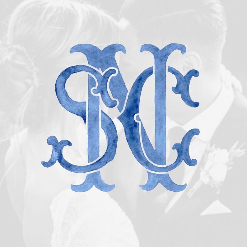 May include: A blue watercolor monogram featuring the letters 'SK' and 'MC' intertwined. The design has decorative flourishes and is set against a blurred background of a couple, suggesting a wedding theme.