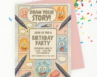 Invito di compleanno con storia disegnata a mano - Personalizzato 5x7 (PDF e JPEG)