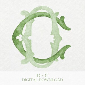 May include: Watercolor monogram featuring the intertwined letters "D" and "C" in shades of green. The design has an elegant, flowing style with decorative flourishes. The text "D + C DIGITAL DOWNLOAD" is at the bottom.