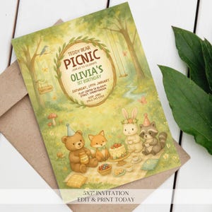 Convite de aniversário de urso verde editável - Convite digital de piquenique de urso de pelúcia - Convite de aniversário personalizado - Personalizado