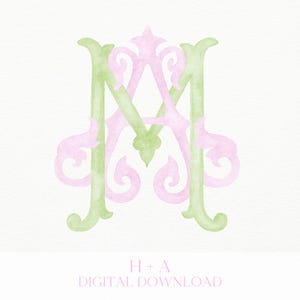 May include: Watercolor monogram in light green and pink. The intertwined letters "M" and "A" are in a decorative, ornate style. The text "H + A DIGITAL DOWNLOAD" is below the monogram.