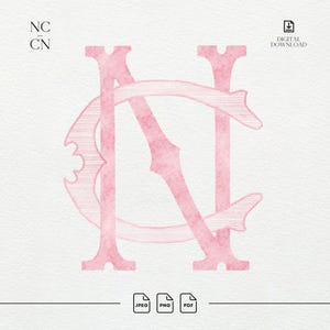 May include: A digital download graphic featuring the intertwined letters N and C in a soft pink watercolor texture. The letter N is rendered in a bold, serif font, while the letter C features a decorative, horizontally lined pattern.