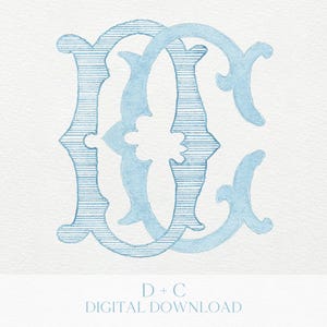 May include: Light blue watercolor monogram featuring the intertwined letters D and C. The letters have a decorative, vintage style with subtle shading and fine line details. Below the monogram, the text reads "D + C DIGITAL DOWNLOAD".
