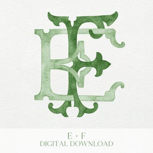 May include: A watercolour design featuring the intertwined letters E and F in shades of green. The letters have decorative flourishes and are set against a textured white background. Text at the bottom reads "E + F DIGITAL DOWNLOAD."
